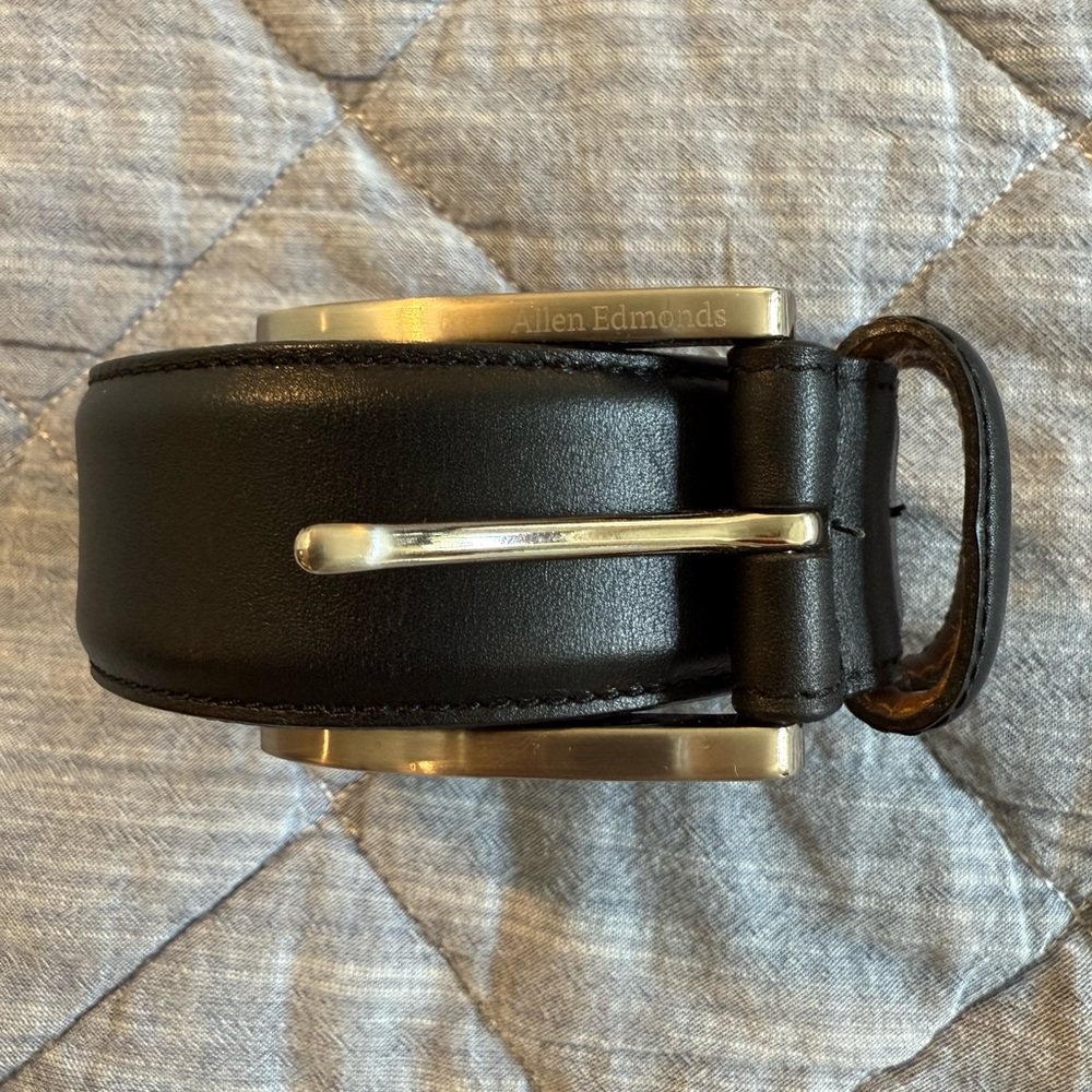 Allen Edmonds Black Leather Belt with Silver Buckle